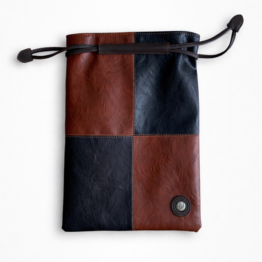 Leather Patchwork Drawstring Bag in Brown and Black | Luxurious Travel Bag - Picture 2 of 8